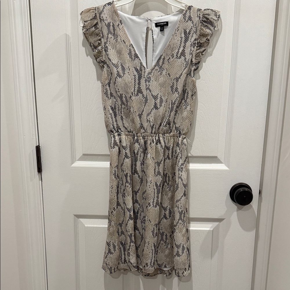 Express Beige Snake-Print Ruffle Sleeve Mini Dress
